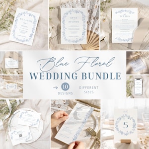 May include: A selection of blue floral wedding stationery, including invitations, RSVP cards, and menu cards. The text "Blue Floral WEDDING BUNDLE" is displayed, along with "10 DESIGNS" and "DIFFERENT SIZES". The designs feature delicate blue floral borders.
