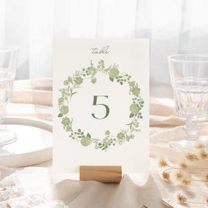Número de Mesa Casamento Verde | Flores Românticas | Cartão Número Digital Editável, Download Instantâneo, Impressão | Modelo Personalizável