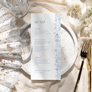 Blaues Hochzeitsmenü | Romantische Blumen | Bearbeitbares digitales druckbares Einladungsmenü | Sofortiger Download | Anpassbare Vorlage