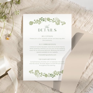 Detalhes Casamento Verde | Flores Românticas | Cartão Detalhes Convite Digital para Impressão | Download Instantâneo | Modelo Personalizável