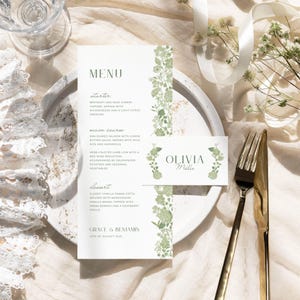 Hochzeitsmenü-Set, Grüne Tischkarte | Romantische Blumen | Digital bearbeitbar, druckbar | Sofort-Download, anpassbar