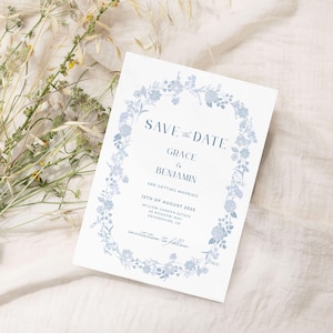 Save the Date Casamento Azul | Flores Românticas | Cartão SVDT Digital Editável para Impressão | Download Instantâneo, Modelo Personalizável