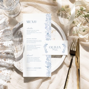 Conjunto Menu de Casamento, Marcador de Lugar Azul | Flores Românticas | Digital Editável, Impressão | Download Instantâneo | Personalizável