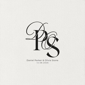 May include: A stylish black monogram featuring the intertwined letters "P" and "S" in a decorative script. Underneath, the names "Daniel Parker & Olivia Stone" and the date "12.08.2026" are displayed in a clean font, set against a textured, off-white background.