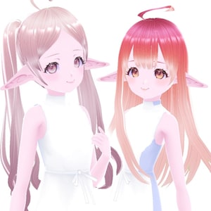 K&ouml;nnte beinhalten: Zwei Anime-Figuren mit Elfenohren, eine mit rosa Haaren in Z&ouml;pfen und einem wei&szlig;en Kleid, die andere mit roten und orangefarbenen Haaren und einem blau-wei&szlig;en Kleid.