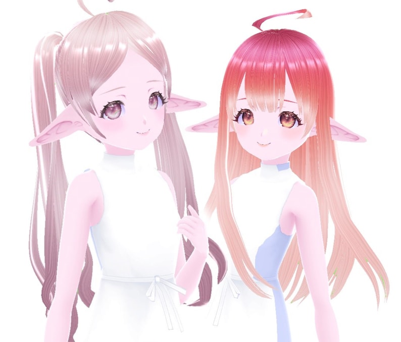 K&ouml;nnte beinhalten: Zwei Anime-Figuren mit Elfenohren, eine mit rosa Haaren in Z&ouml;pfen und einem wei&szlig;en Kleid, die andere mit roten und orangefarbenen Haaren und einem blau-wei&szlig;en Kleid.