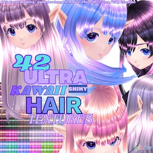 Op de afbeelding: Digitale kunst met meerdere anime-stijl karakterkoppen met verschillende haarkleuren, waaronder roze, paars en blauw. De afbeelding bevat de tekst "42 ULTRA KAWAII SHINY HAIR TEXTURES" in een gestileerd lettertype. De achtergrond heeft een rasterpatroon.