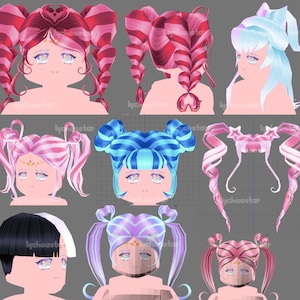 K&ouml;nnte beinhalten: Ein Set mit neun verschiedenen Frisuren f&uuml;r Avatare, in den Farben Pink, Blau und Lila mit verschiedenen Stilen, darunter Z&ouml;pfe, Knoten und Z&ouml;pfe.