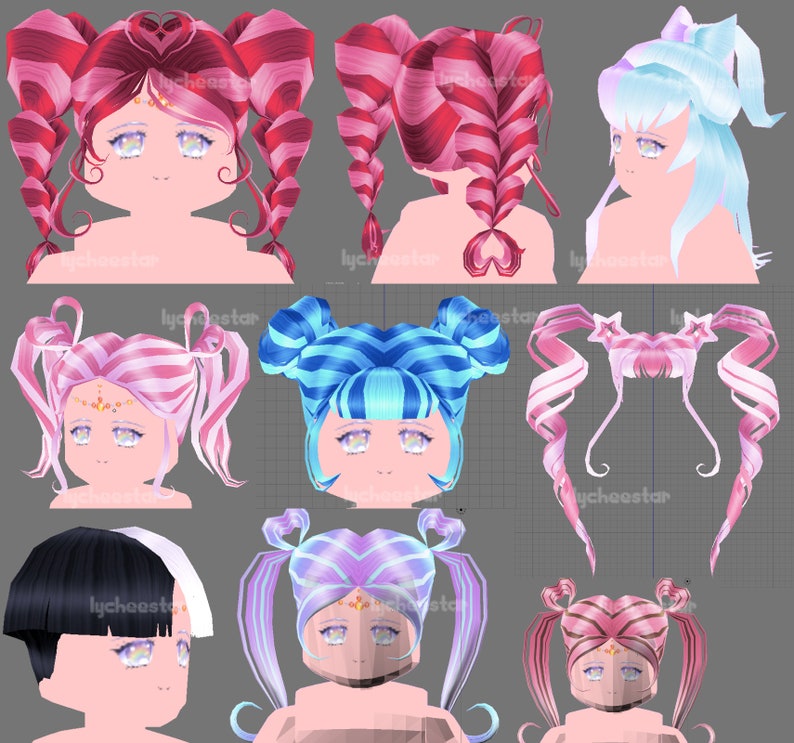 K&ouml;nnte beinhalten: Ein Set mit neun verschiedenen Frisuren f&uuml;r Avatare, in den Farben Pink, Blau und Lila mit verschiedenen Stilen, darunter Z&ouml;pfe, Knoten und Z&ouml;pfe.