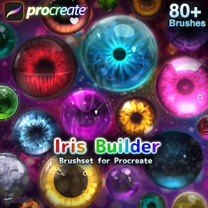 Puede incluir: Un gráfico de arte digital con múltiples diseños realistas de iris de ojos en varios colores, incluyendo rojo, azul, morado y amarillo. Se muestra el texto "Iris Builder" y "Brushset for Procreate", junto con el logotipo de Procreate y "80+ Brushes".