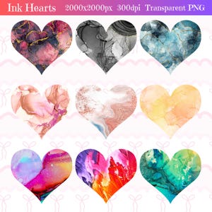 Könnte beinhalten: Neun herzförmige Designs mit abstrakten Tintenmustern in verschiedenen Farben. Die Herzen weisen eine Reihe von Farbtönen auf, darunter Rosa, Gold, Blau und Schwarz, mit transparentem PNG-Hintergrund. Der Text "Ink Hearts" steht oben.