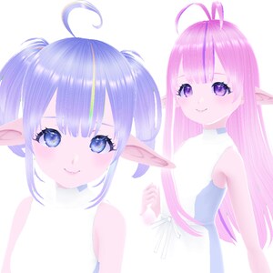 K&ouml;nnte beinhalten: Zwei Anime-Charaktere mit Elfenohren. Der Charakter links hat lila Haare mit einem Regenbogen-Strich und tr&auml;gt ein wei&szlig;es &auml;rmelloses Kleid. Der Charakter rechts hat rosa Haare mit einem lila Strich und tr&auml;gt ein hellblaues &auml;rmelloses Kleid.