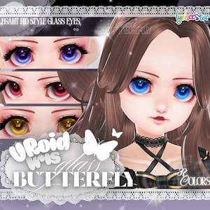 Könnte beinhalten: Illustration einer Puppe mit großen blauen Augen und langen braunen Haaren. Das Bild zeigt verschiedene Augenfarben, darunter Lila, Rot und Gelb. Der Text auf dem Bild lautet "Uroid Iris Butterfly" und "Elegant BJD Style Glass Eyes."