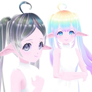 K&ouml;nnte beinhalten: Zwei Anime-Charaktere mit langen, bunten Haaren und spitzen Ohren. Beide Charaktere tragen wei&szlig;e &auml;rmellose Kleider. Der Charakter links hat gr&uuml;n-blaues Haar mit Glitzer, w&auml;hrend der Charakter rechts regenbogenfarbenes Haar hat.