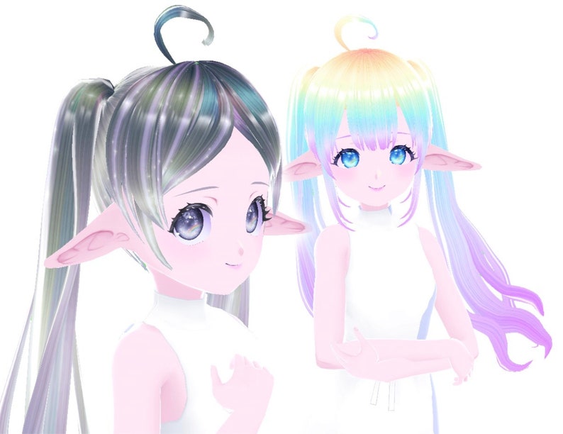K&ouml;nnte beinhalten: Zwei Anime-Charaktere mit langen, bunten Haaren und spitzen Ohren. Beide Charaktere tragen wei&szlig;e &auml;rmellose Kleider. Der Charakter links hat gr&uuml;n-blaues Haar mit Glitzer, w&auml;hrend der Charakter rechts regenbogenfarbenes Haar hat.