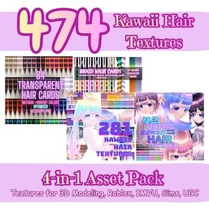 May include: A digital asset pack featuring 474 Kawaii Hair Textures. The image includes various hair card designs, including transparent and braid styles, with vibrant colors. The pack is designed for 3D modeling, Roblox, IMVU, Sims, and UGC.