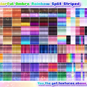 K&ouml;nnte beinhalten: Eine digitale Collage mit 48 verschiedenen Haartexturen, darunter nat&uuml;rliche, bunte, Ombre-, Regenbogen-, Split- und gestreifte Styles. Der Text "You the get textures above + a lot more!" befindet sich am unteren Rand des Bildes.