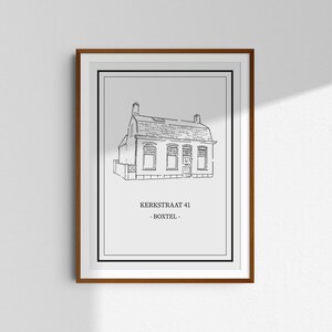 May include: Black and white line drawing of a house with a gabled roof. The house has three windows and a door. The text "KERKSTRAAT 41 - BOXTEL -" is below the house.