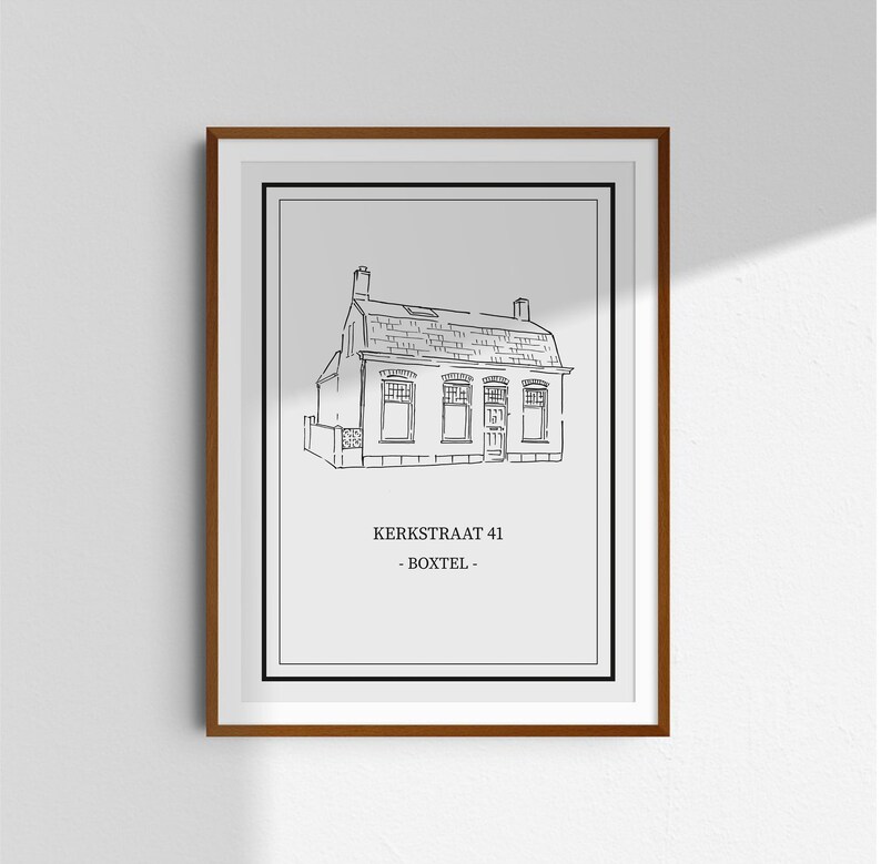 May include: Black and white line drawing of a house with a gabled roof. The house has three windows and a door. The text "KERKSTRAAT 41 - BOXTEL -" is below the house.