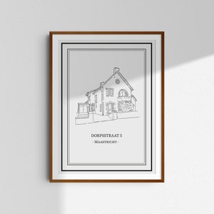 May include: A black and white line drawing of a house with a simple design. The house is labelled "DORPSSTRAAT 5 - MAASTRICHT -" in black text.