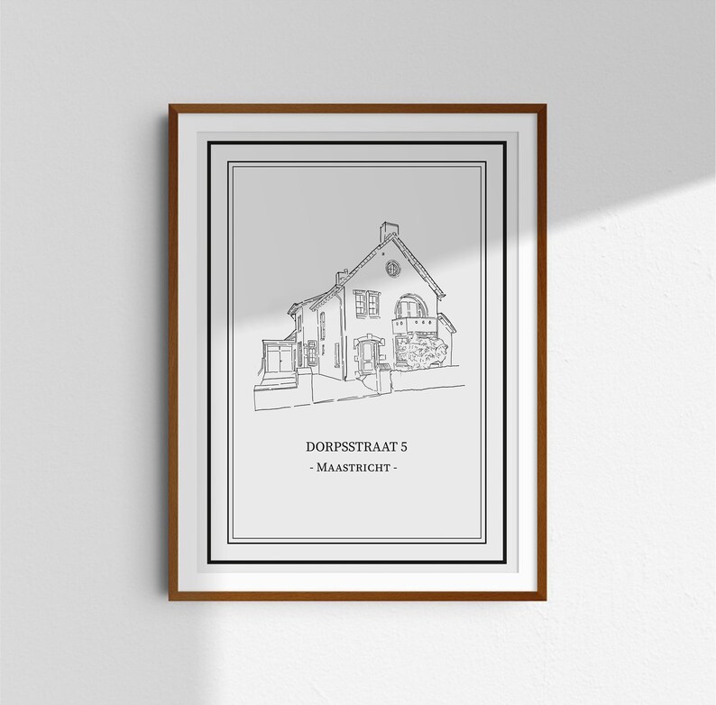 May include: A black and white line drawing of a house with a simple design. The house is labelled "DORPSSTRAAT 5 - MAASTRICHT -" in black text.