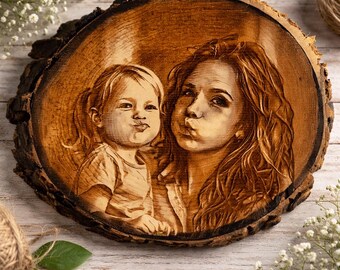 Custom Family Photo Engraved Wood Slice – Mom and Daughter or Aunt and Niece