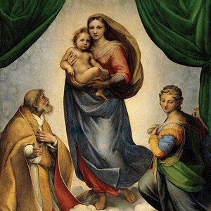 May include: A Renaissance painting shows a woman holding a child, dressed in blue and red robes. Two figures are positioned on either side, one in gold and the other in green, against a cloudy background with green drapes.