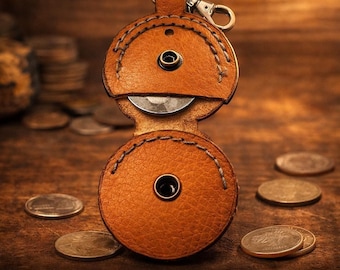Personalized Leather Coin Holder Keychain, Initial Engraved Back, Fits 34mm or 40mm Coin