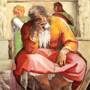 May include: A painting of a man with a long white beard, wearing a red and yellow robe, sitting with his head in his hand. He is surrounded by other figures, including a woman in a green robe.