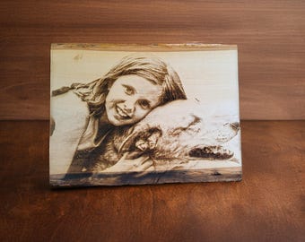 Custom Girl Dog Wood Portrait, Personalized Child Pet Gift, Laser Engraved Basswood