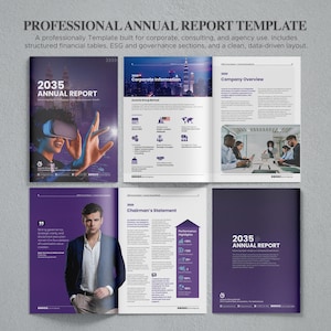 Peut inclure: Un modèle de rapport annuel professionnel avec un schéma de couleurs violet foncé et blanc. La mise en page comprend des pages avec des informations d'entreprise, un aperçu, une déclaration du président et des points forts, avec du texte.
