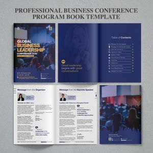 May include: A professional business conference program book template in deep blue and white. The layout includes a front cover, table of contents, and interior pages featuring text, speaker photos, and event details for the Global Business Leadership Conference 2030.