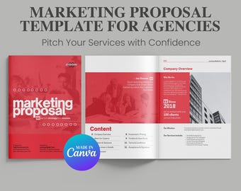 Op de afbeelding: Een rood-witte marketingvoorstelsjabloon voor bureaus. De omslag bevat de woorden "marketing proposal" en de tekst "We turn strategy into success". De sjabloon bevat een bedrijfsoverzicht, inhoud en een "Made in Canva"-logo.
