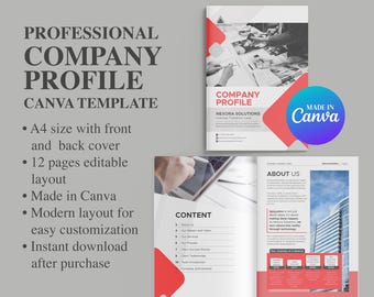 Op de afbeelding: Een professionele bedrijfsprofiel Canva-sjabloon. De sjabloon is A4-formaat met voor- en achterkant, 12 pagina's bewerkbare lay-out, gemaakt in Canva, moderne lay-out voor eenvoudige aanpassing en direct downloaden na aankoop.