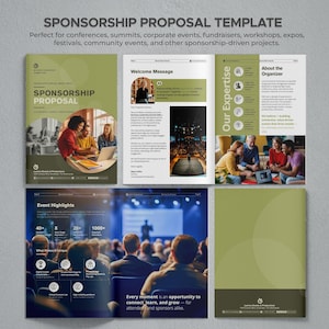 May include: A sponsorship proposal template document featuring a green and white color scheme. The layout includes a cover page, welcome message, organizer information, and event highlights with text, photography, and icons throughout the pages.