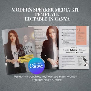May include: A modern speaker media kit template, editable in Canva. The kit features a professional design with images of a woman, text including "Aisha Rahman," and logos of Google, Deloitte, and Microsoft. The kit is designed for coaches, keynote speakers, and entrepreneurs.
