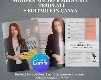 May include: A modern speaker media kit template, editable in Canva. The kit features a professional design with images of a woman, text including "Aisha Rahman," and logos of Google, Deloitte, and Microsoft. The kit is designed for coaches, keynote speakers, and entrepreneurs.