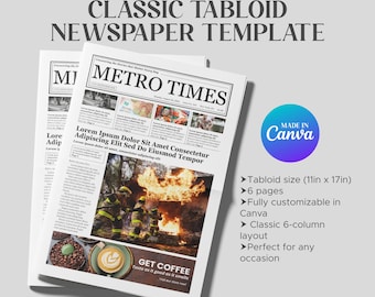 Modello di giornale tabloid classico, layout Canva modificabile di 6 pagine