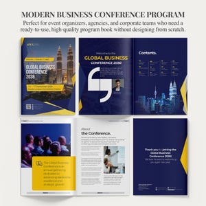 Puede incluir: Un folleto de programa de conferencia de negocios de varias páginas con un diseño en azul oscuro y amarillo. La portada muestra el texto Global Business Conference 2036, Kuala Lumpur Convention Centre y las Torres Petronas.