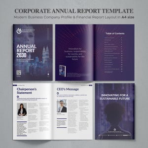 May include: A corporate annual report template in A4 size featuring a dark purple color scheme. The layout includes a cover page with city skyline graphics, a table of contents, a chairperson's statement, a CEO's message, and a back cover page.