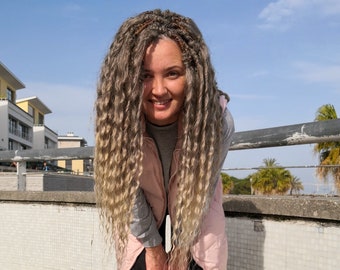 Voluminous Crochet Curly Dreadlocks,  Natural Looking Synthetic Curly Hair Extensions, Double Ended Dreadlocks, Ash Blonde Gold Ombre