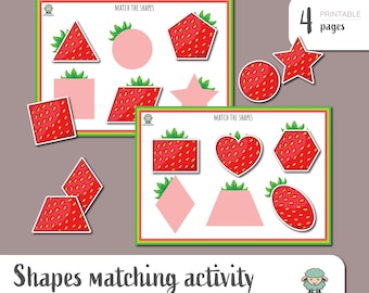 Strawberry Shapes Matching Activity For Toddlers - Montessori Homeschool And Preschool Printable Materials - Instant Download PDF