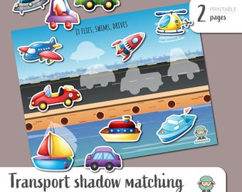 Transportation Shadow Matching Game, Montessori Printable (Downloadable Files)