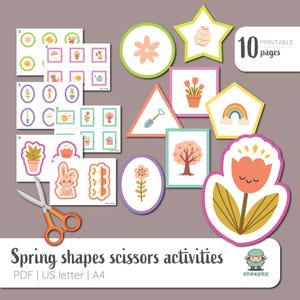 Puede incluir: Una colección de formas imprimibles con temática primaveral para actividades con tijeras. Incluye varias formas como flores, árboles y un huevo de Pascua, junto con el texto "Spring shapes scissors activities". También se muestra un par de tijeras naranjas.