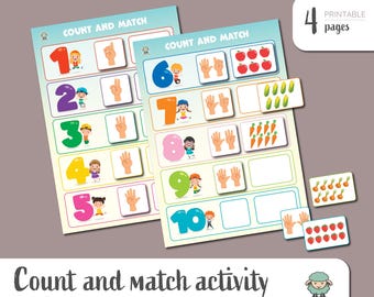 Count And Match Activity, Math Busy Book Pages, Math Worksheets, Montessori Materials, Toddler Curriculum, Printable, Instant Download