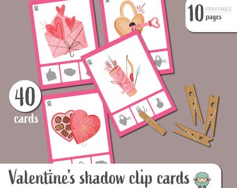 Valentine's Shadow Clip Cards, Shadow Matching Activity For Toddlers, Homeschool Materials, Montessori Learning, Download And Print