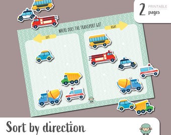 Cars Direction Sorting Activity, Toddler Learning Printable (Instant Download)