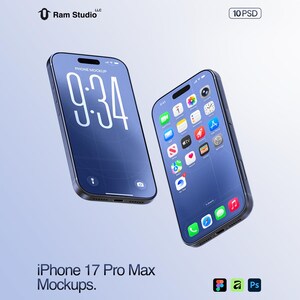 May include: Two iPhone 17 Pro Max mockups with blue screens, one showing the time 9:34 and the other displaying app icons. The phones are set against a light blue gradient background. The text "iPhone 17 Pro Max Mockups" is visible.