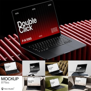 May include: A black laptop with the text "Double Click" on the screen, set against a gradient red background. The laptop is positioned on a red, ribbed surface. The image includes multiple mockups of the laptop on various surfaces.