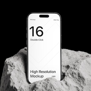 Puede incluir: Maqueta de smartphone con una pantalla blanca que muestra el número 16 y las palabras "Double Click". El teléfono descansa sobre una piedra texturizada de color gris claro sobre un fondo negro. También son visibles las palabras "High Resolution Mockup" y "1005".
